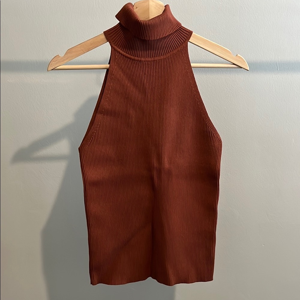 Rust Sleeveless Ribbed Turtleneck Top